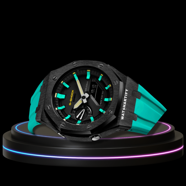 G-SHOCK Casio GA2100 | Black Series Midnight Black Dial Tiffany Blue Marker | Tiffany Blue Rubber