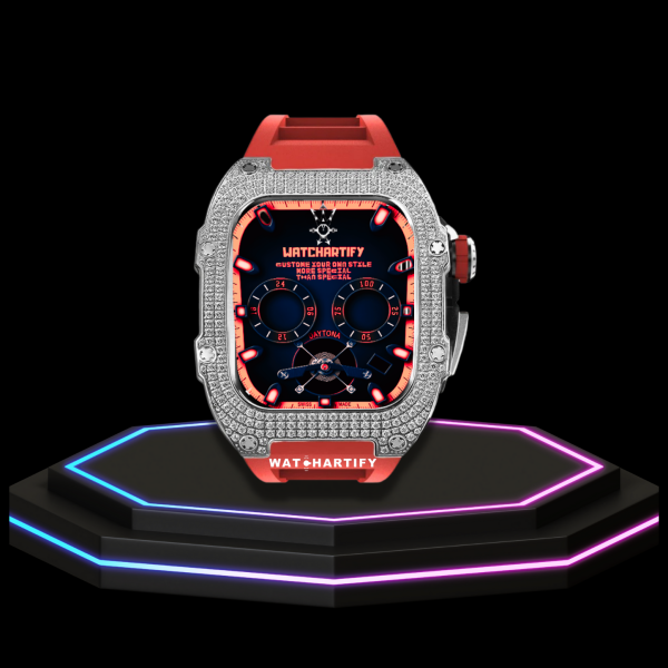 129 Apple Watch Case 44MM - Crystal TITAN Series Silver | Scarlet Red Rubber
