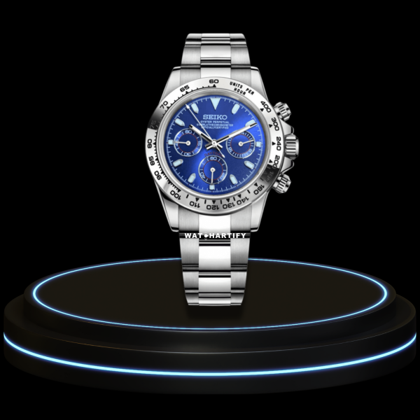 SEIKO Mod Daytona Collection Deep Blue Dial Grey Bezel VK64 Caliber Hybrid Movement Silver Stainless Steel Strap