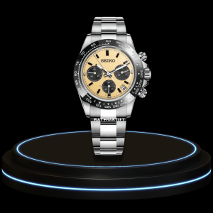 13 7afee47c dc9d 42ff aca9 e5687bc4adec SEIKO Mod Daytona Collection Sunset Yellow Dial VK64 Caliber Hybrid Movement Silver Stainless Steel Strap