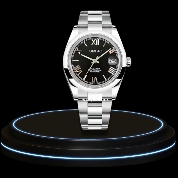 13 b67ae832 e609 4f2d 9b4c 86e5963fe0c7 SEIKO Mod Oyster Collection Midnight Black Roman Dial NH35 Movement Silver Stainless Steel Strap