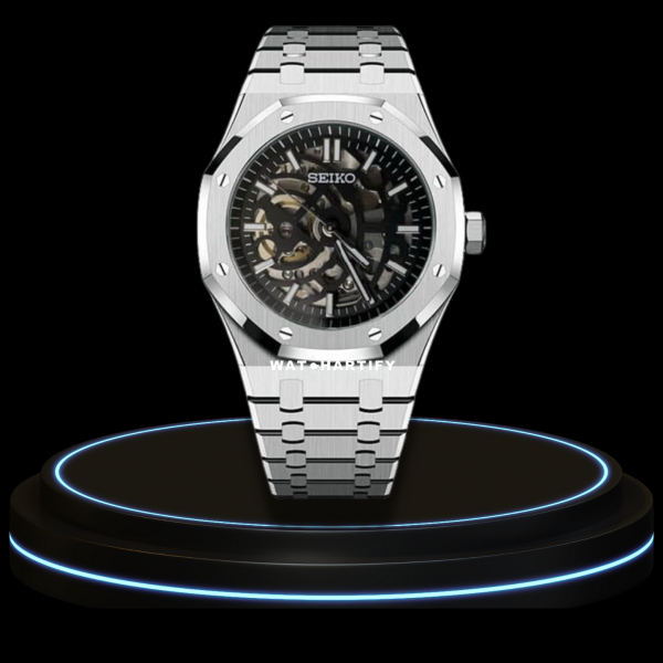 13 f369f994 061b 4766 9192 a2bf17f8ff14 SEIKO Mod Royal Oak Collection Midnight Black Skeleton Dial NH35 Movement Silver Stainless Steel Strap