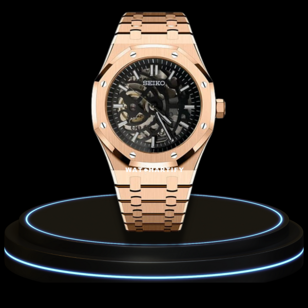 14 52a80738 d8cc 48ca 802e a0f9e086ab41 SEIKO Mod Royal Oak Collection Midnight Black Skeleton Dial Rose Gold B eel NH35 Movement Rose Gold Stainless Steel Strap