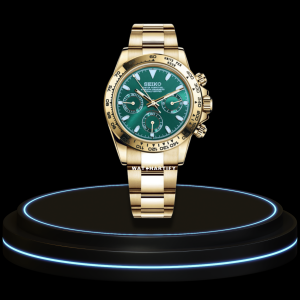 14 793e52db 3662 4617 a638 d6b2254de0f6 SEIKO Mod Daytona Collection Light Gold Green Dial VK64 Caliber Hybrid Movement Gold Stainless Steel Strap