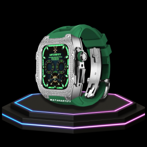 156 Apple Watch Case 44MM - Crystal TITAN Series Silver | Grass Green Rubber