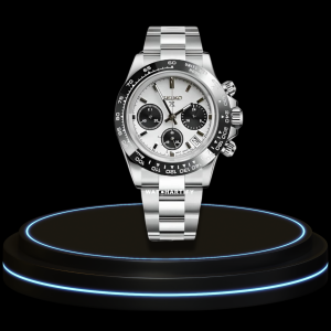 15 1e68f308 f06b 45ff 85d1 9341501c5ab0 SEIKO Mod Daytona Collection Panda Snow White Dial VK64 Caliber Hybrid Movement Silver Stainless Steel Strap
