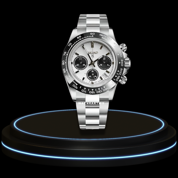 15 1e68f308 f06b 45ff 85d1 9341501c5ab0 SEIKO Mod Daytona Collection Panda Snow White Dial VK64 Caliber Hybrid Movement Silver Stainless Steel Strap