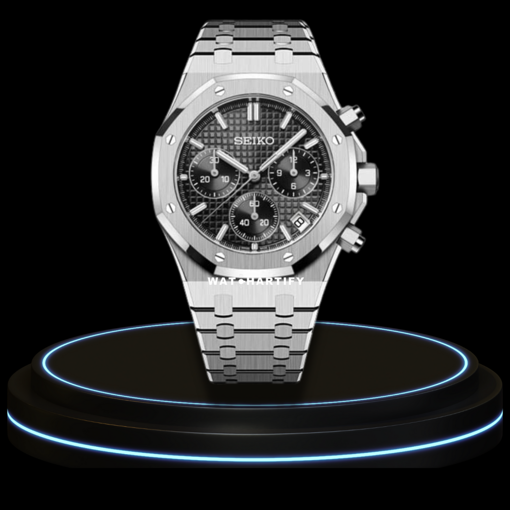 SEIKO Mod Royal Oak Collection Midnight Black Chrono Dial NH35 Movement Silver Stainless Steel Strap