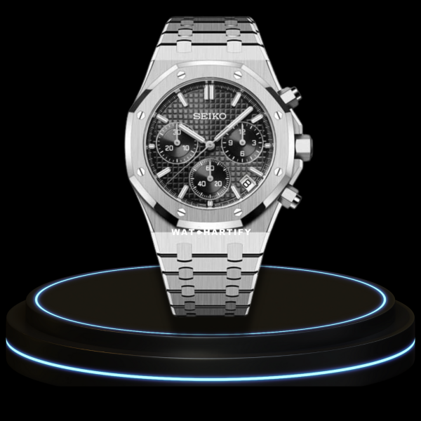 16 272737f3 14fc 4081 842b 24ba948fb4c7 SEIKO Mod Royal Oak Collection Midnight Black Chrono Dial NH35 Movement Silver Stainless Steel Strap