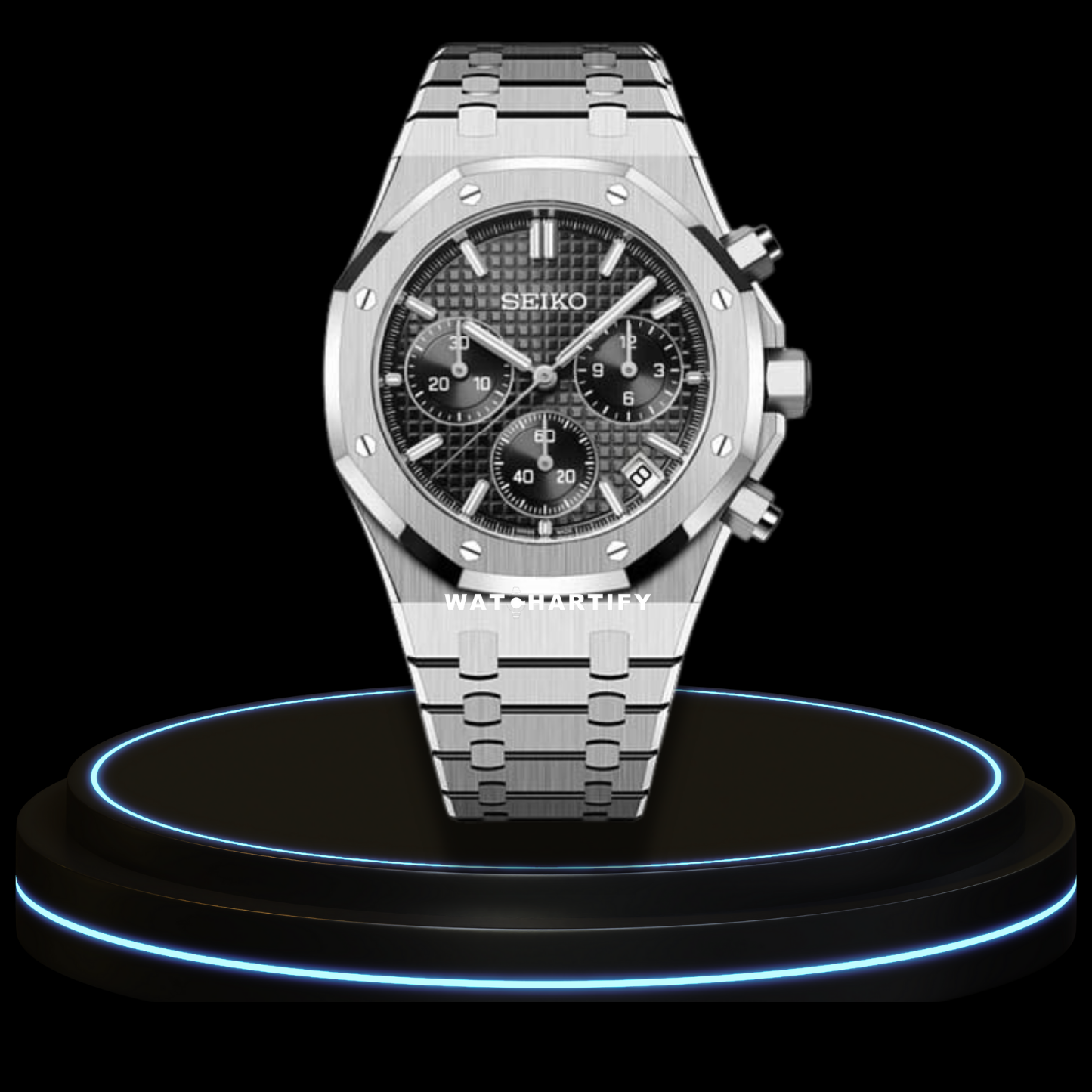 SEIKO Mod Royal Oak Collection Midnight Black Chrono Dial NH35 Movement Silver Stainless Steel Strap