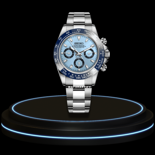 SEIKO Mod Daytona Collection Sea Blue Dial Deep Blue Bezel VK64 Caliber Hybrid Movement Silver Stainless Steel Strap