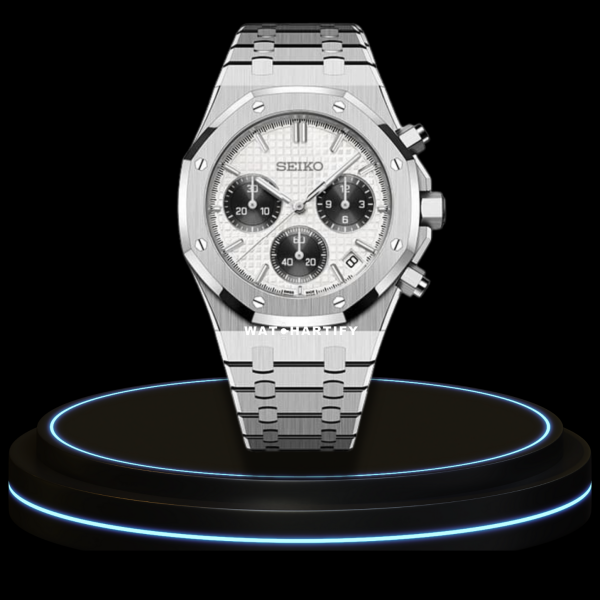 17 590070ed 5a7b 4e40 91b4 fbf37b89dd25 SEIKO Mod Royal Oak Collection Snow White Chrono Dial NH35 Movement Silver Stainless Steel Strap