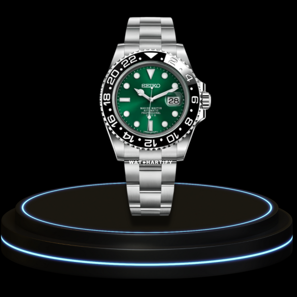17 a33a4b47 d267 477b b352 726400ed7f31 SEIKO Mod GMT Collection Green Dial Dark Bezel NH35 Movement Silver Stainless Steel Strap