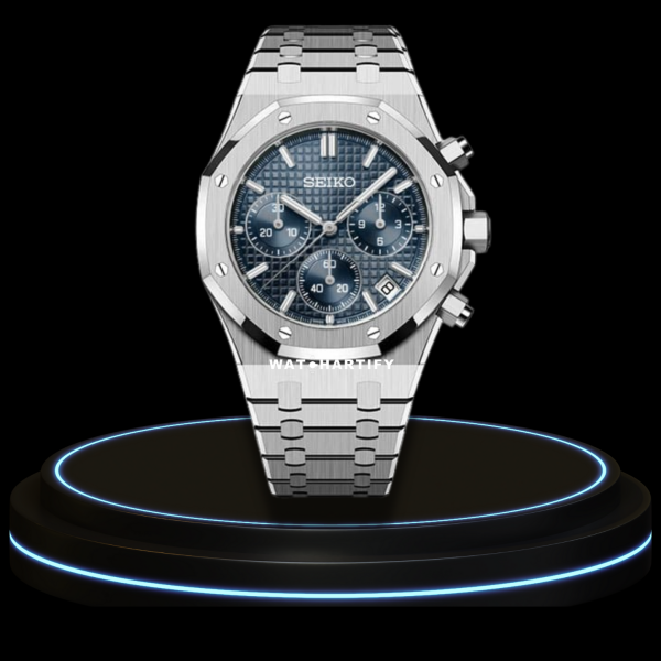 18 0645bf9e 8282 4967 9f03 09fc7f21a3df SEIKO Mod Royal Oak Collection Sea Blue Chrono Dial NH35 Movement Silver Stainless Steel Strap