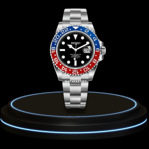 18 cf87ec92 fde2 4b3b ace6 0ebbfa1e83cc SEIKO Mod GMT Collection Midnight Black Dial Blue Red Bezel NH35 Movement Silver Stainless Steel Strap