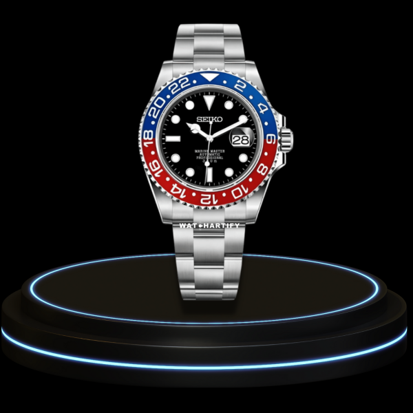 18 cf87ec92 fde2 4b3b ace6 0ebbfa1e83cc SEIKO Mod GMT Collection Midnight Black Dial Blue Red Bezel NH35 Movement Silver Stainless Steel Strap