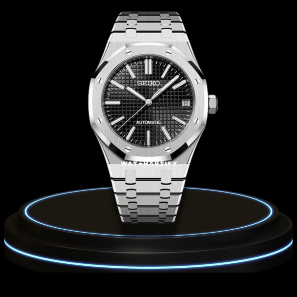 1 7057719c 8edb 4122 bf1a c1e5d9ea0c4e SEIKO Mod Royal Oak Collection Midnight Black Dial NH35 Movement Silver Stainless Steel Strap