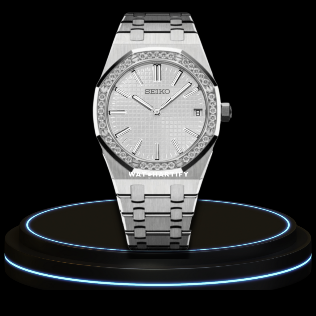 SEIKO Mod Royal Oak Collection Snow White Dial Diamond Bezel NH35 Movement Silver Stainless Steel Strap