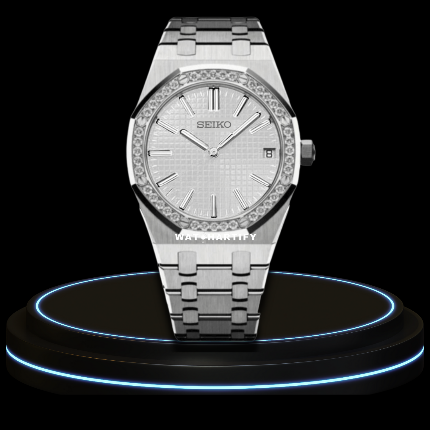 SEIKO Mod Royal Oak Collection Snow White Dial Diamond Bezel NH35 Movement Silver Stainless Steel Strap
