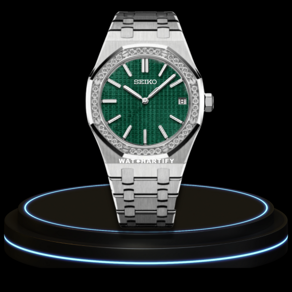 SEIKO Mod Royal Oak Collection Green Dial Diamond Bezel NH35 Movement Silver Stainless Steel Strap