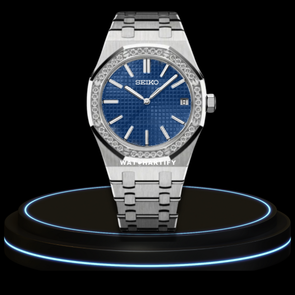 22 23dfe44f 8980 4d7b ba1d 050f50b90827 SEIKO Mod Royal Oak Collection Deep Blue Dial Diamond Bezel NH35 Movement Silver Stainless Steel Strap
