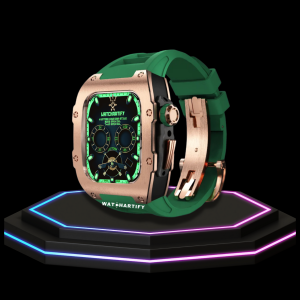23 41e0110a c315 4649 b6ef 507cb76f9b8b 1 Apple Watch Case 45MM - TITAN Series Rose Gold Dark Titanium | Green Rubber