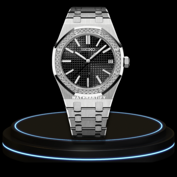 23 41f0415f bf4d 4a3f 8694 9c0642cf8f75 SEIKO Mod Royal Oak Collection Midnight Black Dial Diamond Bezel NH35 Movement Silver Stainless Steel Strap