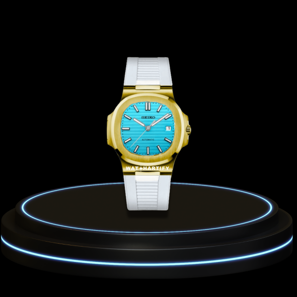25 465aeeb9 99d7 4ff7 8460 94e76a1a9b20 SEIKO Nautilus Mod Collection Tiffany Blue Dial Soft Gold Bezel NH35 Movement Snow White Strap