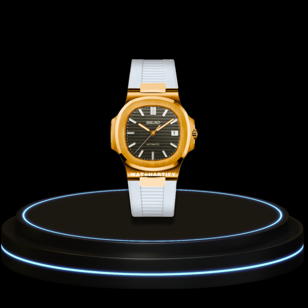 26 8145c744 92d4 4dc3 bf64 3dbbab77ba75 SEIKO Nautilus Mod Collection Midnight Black Dial Gold Bezel NH35 Movement Snow White Strap