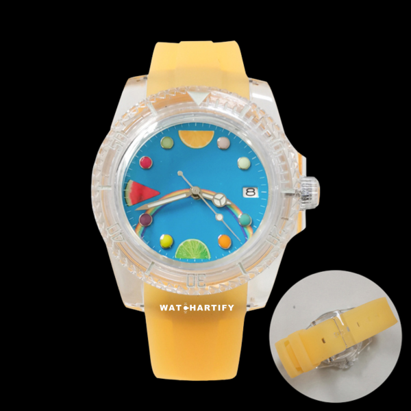 28 ba9d9420 1826 44d3 895e fd74a7229ee5 Watchartify Series Fruit Face 40MM NH35 Automatic Movement Yellow Rubber