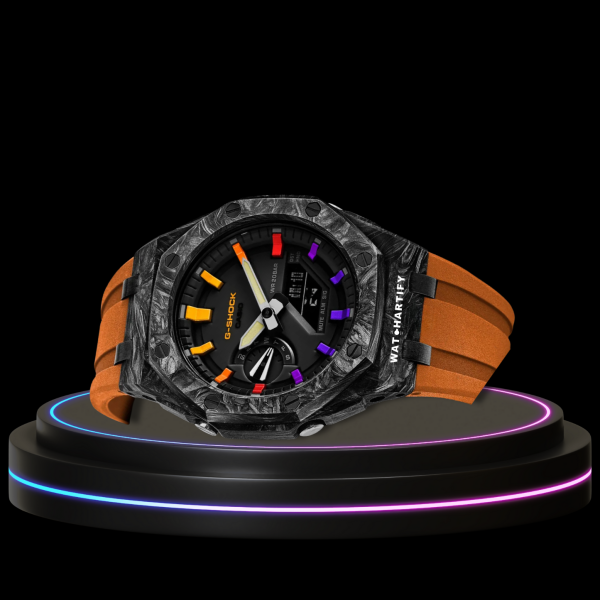 G-SHOCK Casio GA2100 | Carbon Fiber Series Midnight Black Dial Rainbow Marker | Sunset Orange Rubber