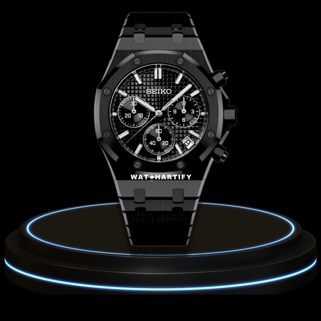 SEIKO Mod Royal Oak Collection Midnight Black Chrono Dial NH35 Movement Dark Stainless Steel Strap