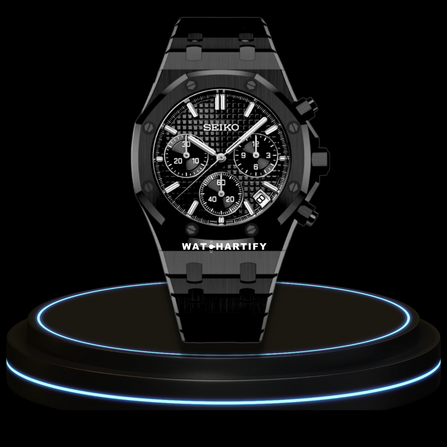 SEIKO Mod Royal Oak Collection Midnight Black Chrono Dial NH35 Movement Dark Stainless Steel Strap