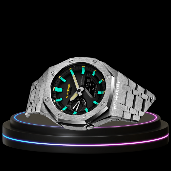 32 8aa73602 5559 4d3d 9f7c c9b7c18b5616 G-SHOCK Casio GA2100 | Silver Series Midnight Black Dial Tiffany Blue Marker | Stainless Steel Strap