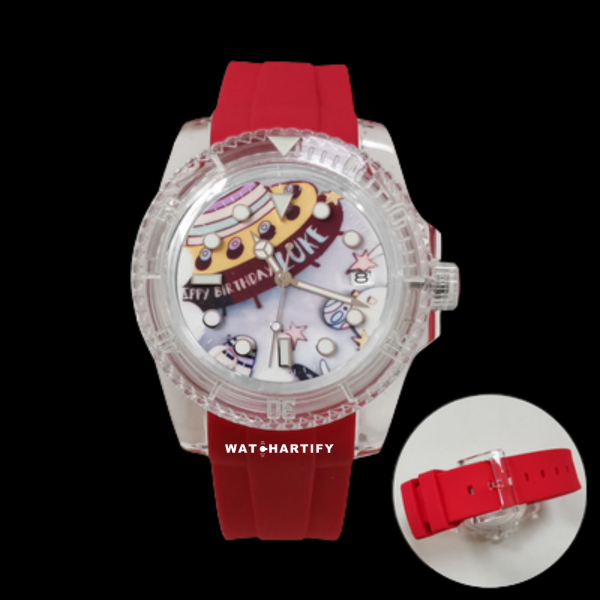 37 26789921 057f 4bf9 92cf 5a6a47474793 Watchartify Series Cartoon Face 40MM NH35 Automatic Movement Red Rubber