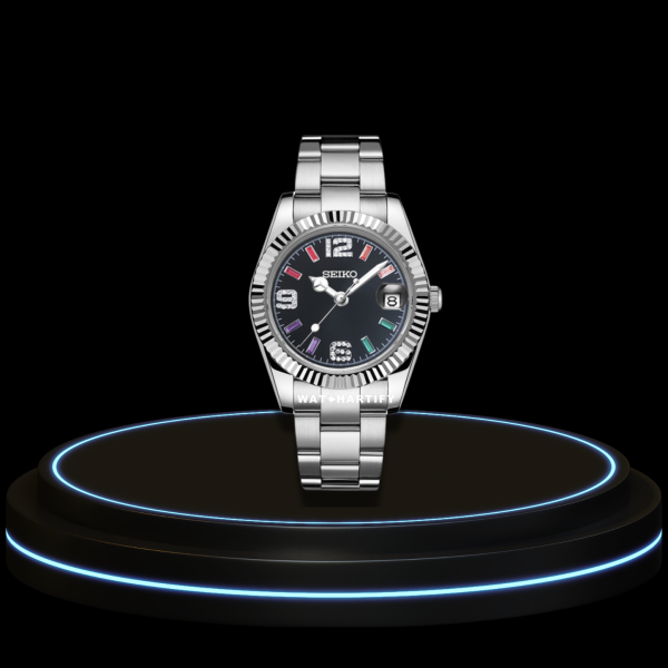 SEIKO Mod Datejust Collection Rainbow Midnight Black Dial NH35 Automatic Movement Silver Stainless Steel Strap