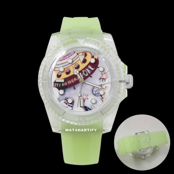 41 445892ef 4d5d 451d a375 2f70afdf38ae Watchartify Series Cartoon Face 40MM NH35 Automatic Movement Luminous Transparent Light Green Rubber