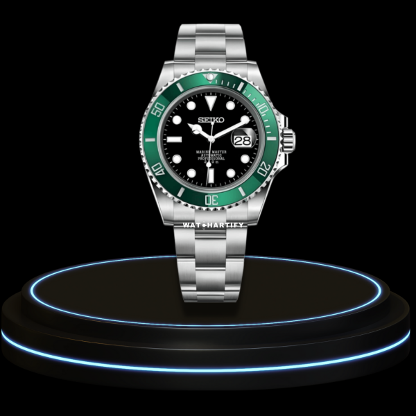 41 70de86c4 e39b 4480 ab66 056a1836d0b4 SEIKO Mod Submariner Collection Midnight Black Dial Green Bezel NH35 Movement Silver Stainless Steel Strap
