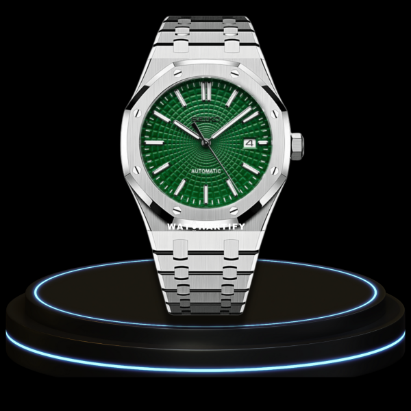 42 028f03a0 f04c 4aaf b719 9bc4e6417df7 SEIKO Mod Royal Oak Collection Deep Green Circle Dial NH35 Movement Silver Stainless Steel Strap