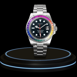 SEIKO Mod Submariner Collection Midnight Black Dial Rainbow Bezel NH35 Movement Silver Stainless Steel Strap