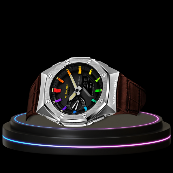 43 80300cd9 5a60 4e4e bf1f ab75ef981f04 G-SHOCK Casio GA2100 | Sport Silver Series Midnight Black Dial Rainbow Marker | Brown Leather