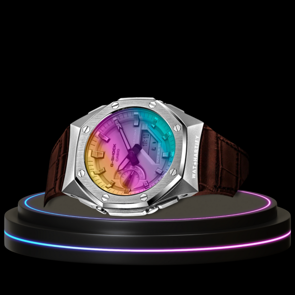 45 8702f826 e0c0 43c8 9e41 0606333623c0 G-SHOCK Casio GA2100 | Sport Silver Series Rainbow Surface Dial | Brown Leather