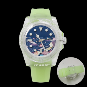 Watchartify Series Sea Face 40MM NH35 Automatic Movement Luminous Transparent Light Green Rubber
