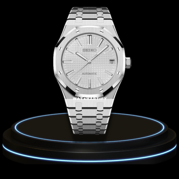 4 f6ce51bd 42b9 4eb9 b1ca 1537d8f03cc1 SEIKO Mod Royal Oak Collection Snow White Silver Dial NH35 Movement Silver Stainless Steel Strap
