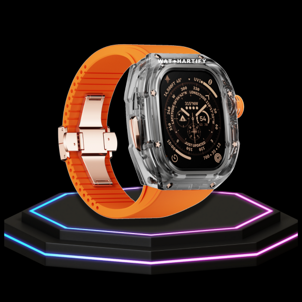 62 03b76e2b eff4 48a8 a1b1 5d9d203ac983 Apple Watch Ultra Case 49MM - CRYSTAL Pro Rose Gold Series Obsidian | Sunset Orange Rubber
