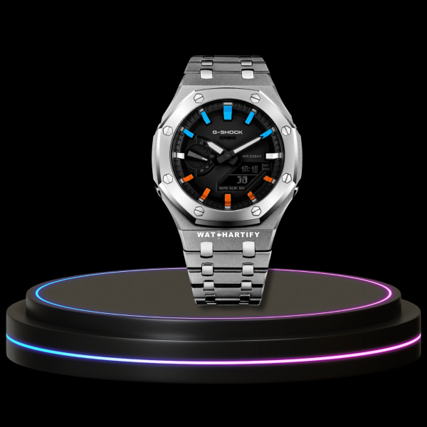 65 89772f67 085c 4d0d 8b31 414a3b32c5b3 G-SHOCK Casio GA2100 | Silver Series Midnight Black Dial Rainbow Marker | Silver Stainless Steel Strap