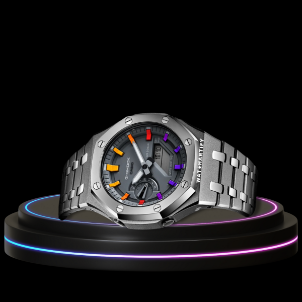 68 00096b91 ff28 4224 a01d 5502f2a9e163 G-SHOCK Casio GA2100 | Silver Series Grey Dial Rainbow Marker | Silver Stainless Steel Strap