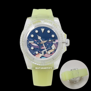 Watchartify Series Sea Blue Face 40MM NH35 Automatic Movement Luminous Transparent Light Yellow Rubber