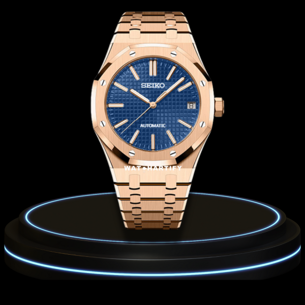 7 7a9a3f73 832b 4f90 b00a 6e49948a7753 SEIKO Mod Royal Oak Collection Deep Blue Dial NH35 Movement Rose Gold Stainless Steel Strap