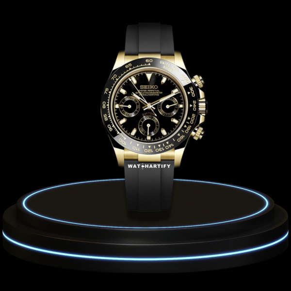 7 f494c12a ee2a 4037 b9db 57c7e858d2e8 SEIKO Mod Daytona Collection Gold Midnight Black Dial VK64 Caliber Hybrid Movement Dark Strap
